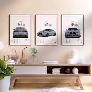 Conjunto de 3 BMW M4 CSL G82 2023 Póster de coche plateado Pósteres digitales Conjunto de impresiones A1-A4 Arte de pared Niños Habitación Decoración digital Oficina en casa Niños