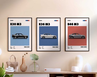 Set of 3 BMW M3 Posters, e30 e36 e46 m3 Posters Set, Digital Download prints, Car Enthusiast, Downloadable Prints, wall decor
