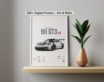 Póster del Porsche 911 GT3 RS: Impresión de coche blanco, decoración para habitación infantil (descarga digital)