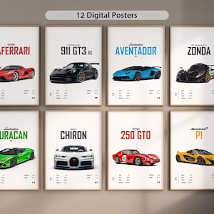 Conjunto de 12 pósteres de coches más populares, arte mural, decoración del hogar, descarga digital, impresiones de coches, pósteres estéticos de coches deportivos, regalos.