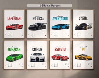 Set of 12 Most Popular Car Posters Wall Art Cool Racing Home Decoration Digital Download Car Prints Aesthetic Sportscar Poster Bundle Gifts