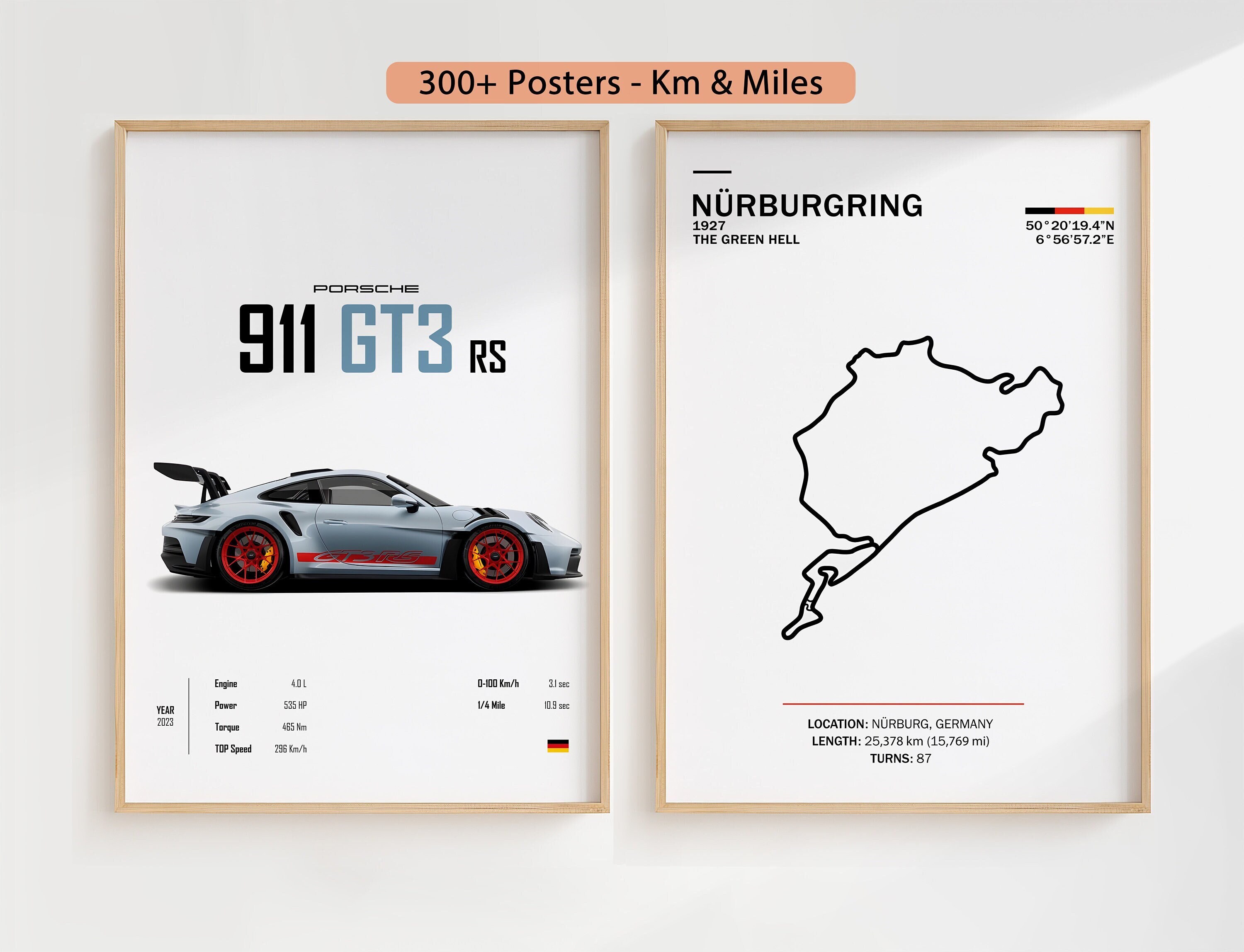 Porsche 911 GT3 RS Poster Set: Car & Nurburgring Track (digital