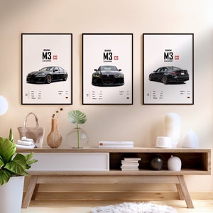 Conjunto de 3 BMW M3 CS G80 2024 Black Sapphire Digital Posters Set Impresiones A1-A4 Wall Art Kids Boys Room Decoración digital Home Office Niños