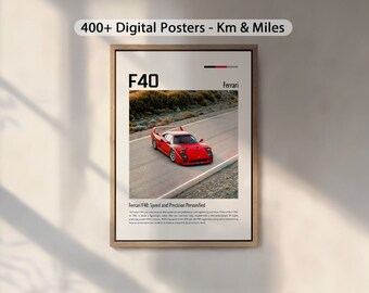May include: A digital poster featuring a red Ferrari F40 sports car driving on a road. The poster has the text "F40" and "Ferrari" on it. The text "Ferrari F40: Speed and Precision Personified" is below the image.