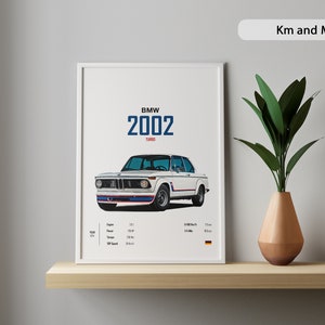 May include: A white framed poster featuring a white BMW 2002 Turbo car illustration. The poster displays the text "BMW 2002 Turbo" in blue and red. It also includes the car's specifications, such as engine size, power, and top speed.