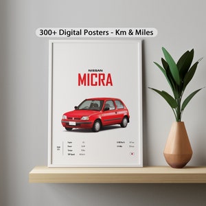 May include: A poster featuring a red Nissan Micra car with white text. The poster includes the car's specifications, including engine size, power, and top speed. The poster is framed in white.