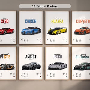 Set of 12 Most Popular Car Posters Wall Art Cool Racing Home Decoration Digital Download Car Prints Aesthetic Sportscar Poster Bundle Gifts