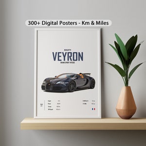 May include: A digital poster featuring a black Bugatti Veyron Grand Sport Vitesse with a tan interior. The poster includes the car's name, make, and specifications, including engine size, horsepower, and top speed in both kilometres and miles.