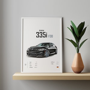 May include: A black BMW 335i F30 poster with a white background. The poster features a black BMW 335i F30 car with blue accents. The poster also includes the car's specifications, such as engine size, horsepower, and top speed.