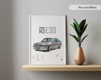 Póster del BMW M3 E30: Ilustración plateada (descarga digital)