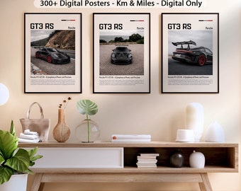 May include: Three digital posters featuring a black Porsche 911 GT3 RS sports car. The posters are framed in black and have a white background with black text. The text on the posters reads "GT3 RS" and "Porsche".