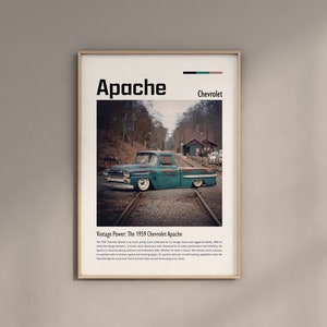 May include: A vintage teal 1959 Chevrolet Apache pickup truck on a set of railroad tracks. The truck has rust and patina, and the background is a blurry forest scene. The text "Apache" and "Chevrolet" are at the top of the image, and the text "Vintage Power: The 1959 Chevrolet Apache" is at the bottom.