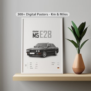 May include: A black and white digital poster featuring a black BMW M5 E28 car. The poster includes the text "BMW M5 E28" and technical specifications for the car, including the year, engine, power, torque, and top speed.