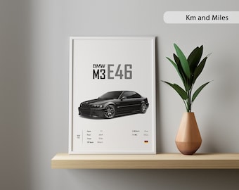 BMW E46 M3 CSL-autoposter: automuurkunst (digitale download)