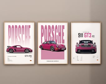 Pink Porsche 911 Poster Set: Kids Room Decor (Digital Prints)