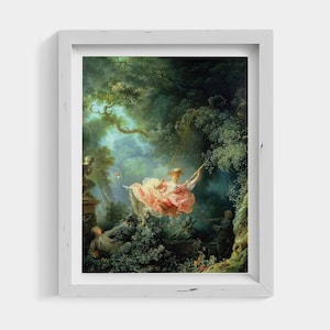 May include: A painting depicting a woman on a swing in a lush green forest. The woman is wearing a pink dress and is being pushed by a man. There are other figures in the background, including a man standing on a stone platform.