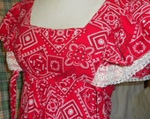 BANDANNA PRAIRIE MAXIDRESS, C 1970 vintage, red white, boho hippie, ruffle n lace sweet