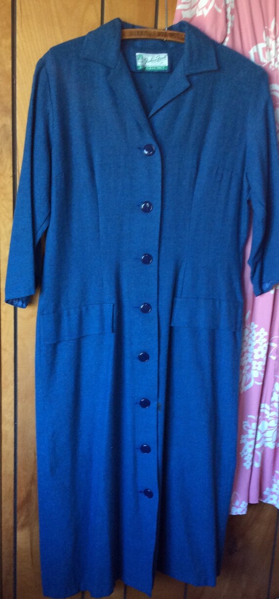 BLUE WOOL DRESS vintage frock, antique 1940s era,