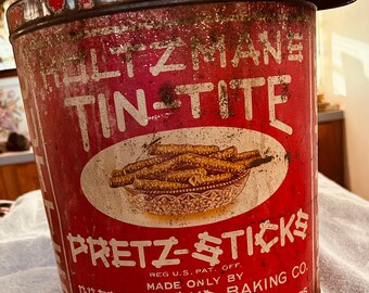 METAL PRETZEL TIN advertising container shabby cool