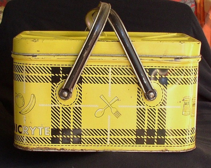 VINTAGE METAL PICNIC BASKET YUMMY YELLOW BLACK PLAID Etsy