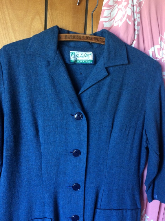 BLUE WOOL DRESS vintage frock, antique 1940s era,… - image 2