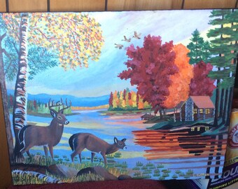 AUTUMN COLOR PAINTING deer at sunset , vintage signed picture, cabin decor, lodge art