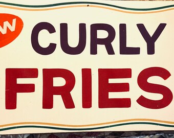 VINTAGE ADVERTISING SIGN curly fries painted folk fest display