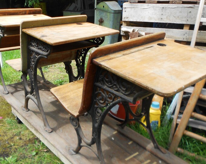 ANTIQUE SCHOOL DESKS, 3 Wooden Student Desks on Rail, Iron Detail