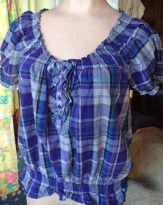 VINTAGE PEASANT TOP purple,plaid, smocking, hippie