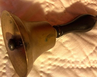 VINTAGE BRASS BELL classroom school ringing hand bell wood handle