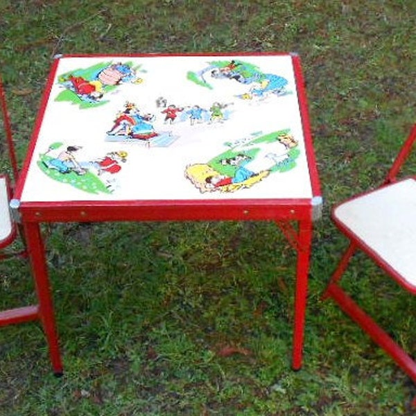 Vintage CHILDRENS TABLE, CHAIRS, Nursery Rhymes, Red Metal, 21 tall x 24.5 square, 1950 s