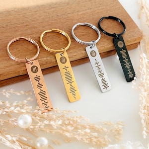 May include: Four keychains with different coloured metal bars featuring a sound wave design and the Spotify logo. The keychains are on a wooden surface.