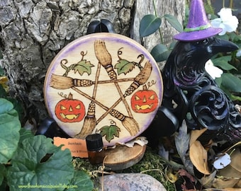 Made to Order Samhain Altar Tile Broom Pentagram 4.5 inches