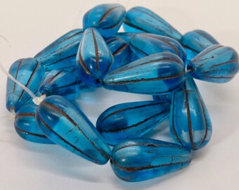 092 6 Teal with White Core and Brown Wash Fluted Glass Czech Melon Drop Beads 22x11mm