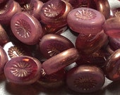 Czech Pink Rosewood with Bronze Pressed Oval Flat Glass Beads 14x10mm (10) 1430