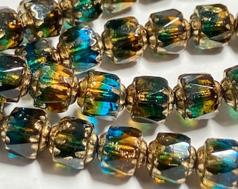 Czech Cathedral Beads, Sky Blue, Amber & Olive, Gold Finish  6mm