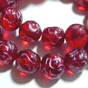 Czech 10mm Glass Round Carved Rose Beads - Ruby Red with Metallic Pink Wash (15)
