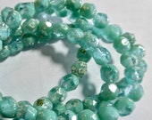 Seafoam Green with Mercury Finish Faceted Fire Polished Glass Czech Round Beads 6mm (25) 101-B