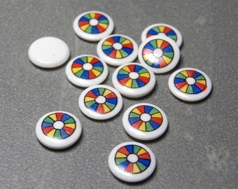 Vintage West German Color Wheel on White Round Glass 10mm Flat Back Tiles/Cabochons (6)