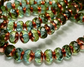 Czech 3x5mm Peridot and Sky Blue with Copper Finish Faceted Fire Polished Glass Rondelle Beads (30)