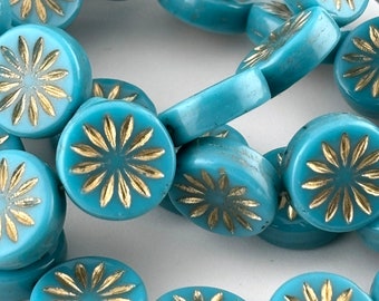 Czech 12mm Turquoise Blue with Gold Aster Flower Beads (15)