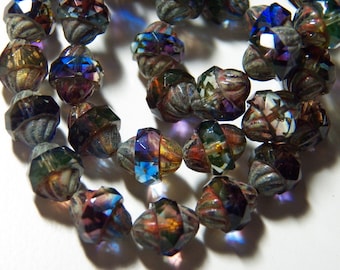 Czech 11x10mm Blue Purple Green Mix with Picasso Faceted Fire Polished Glass Turbine Beads (15)