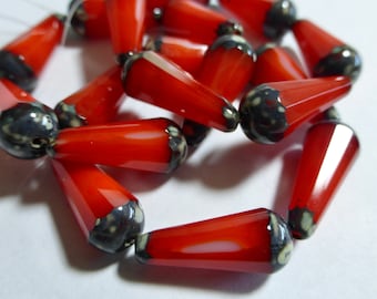 Czech 20x9mm Scarlet Red with Picasso Faceted Glass Dangle Drop Beads (6)