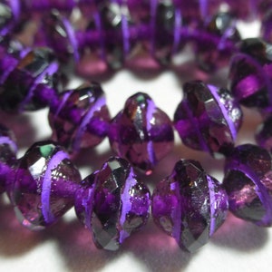 Czech 8x10mm Purple with Purple Wash & Etched Finish Faceted Fire Polished Glass Saturn Beads (15)
