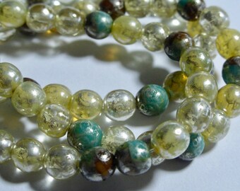 30 Ivory and Sea Green with Silver Picasso Round Pressed Glass Czech Beads 6mm 032-B