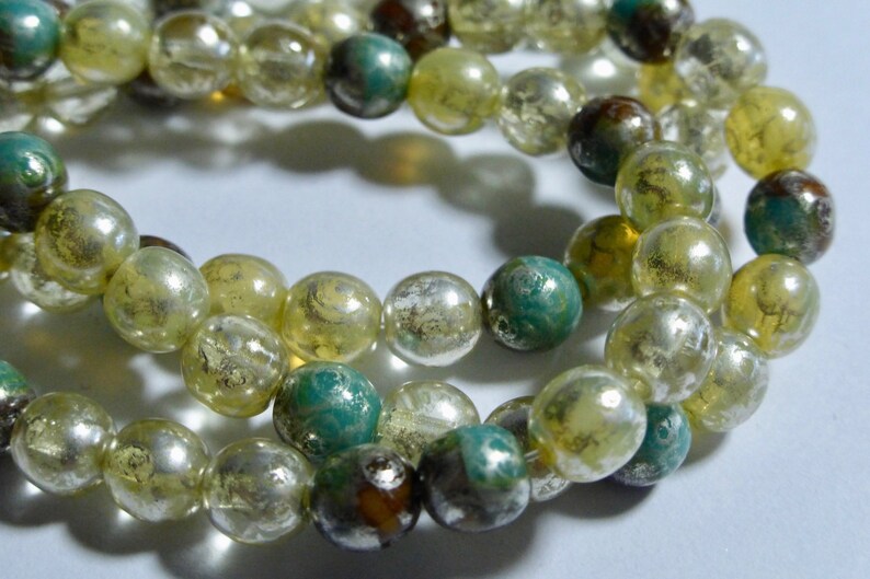 30 Ivory and Sea Green with Silver Picasso Round Pressed Glass Czech Beads 6mm 032-B