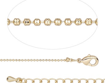 Chain, Gold-Finished Brass, 1mm ball, 18 Inches with 2-Inch Extender Chain and Lobster Claw Clasp.