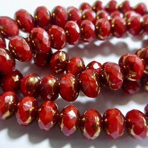 Czech 5x7mm Opaque Ruby Red with Bronze Faceted Fire Polished Glass Rondelle Beads (25)