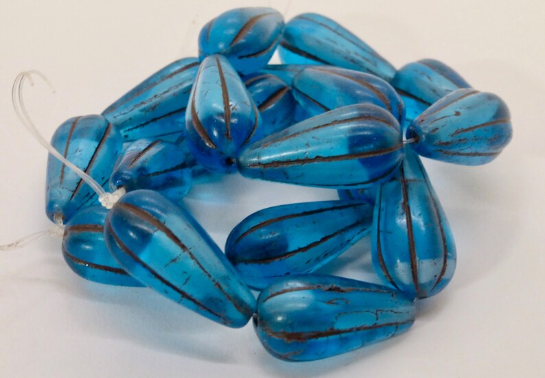 092 6 Teal with White Core and Brown Wash Fluted Glass Czech Melon Drop Beads 22x11mm