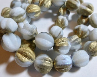 Czech 12mm Etched White with AB & Gold Finish Fluted Glass Melon Beads (15)